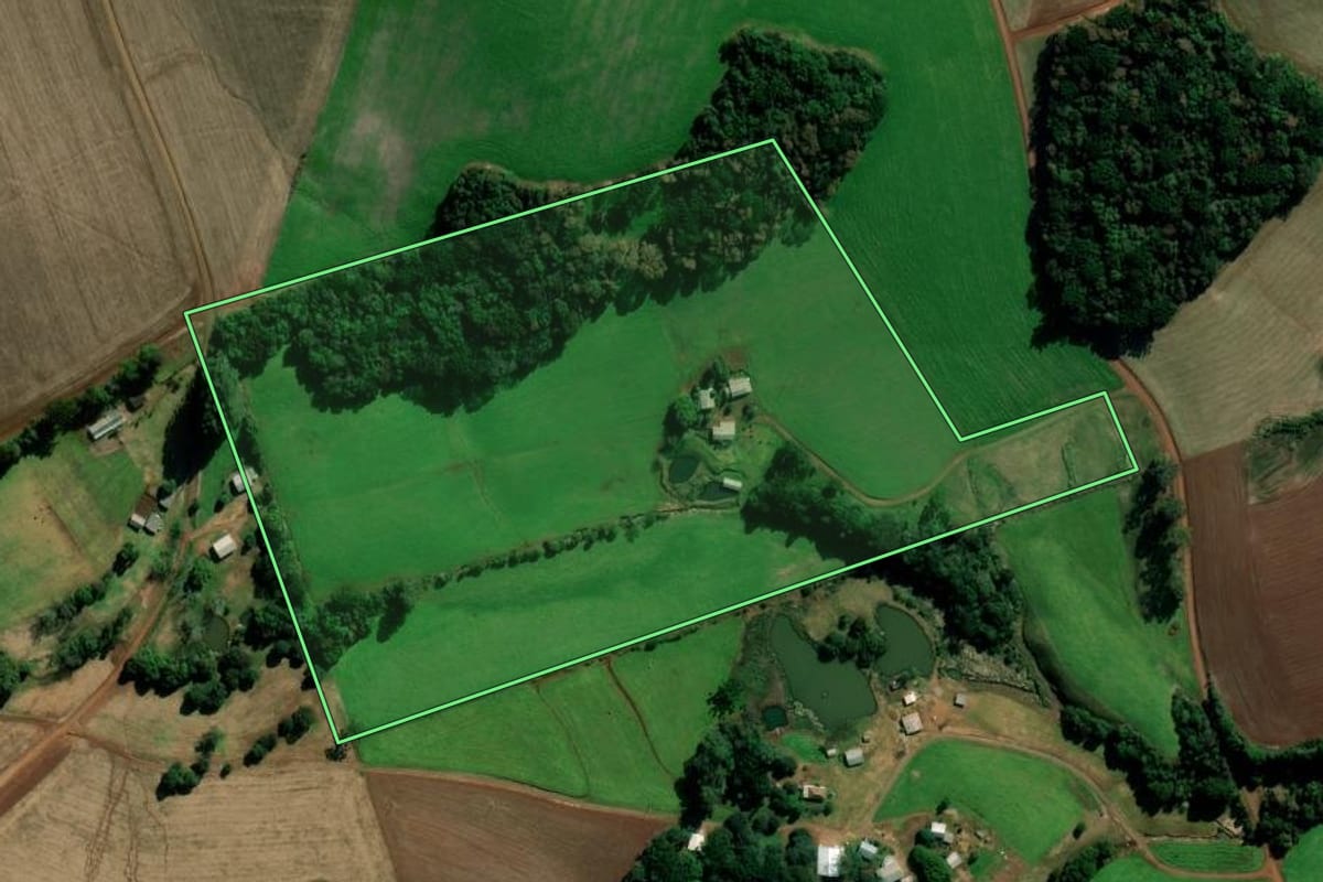 Imagem de satélite do imóvel rural em Coxilha (RS), com o contorno declarado no CAR desenhado por cima.