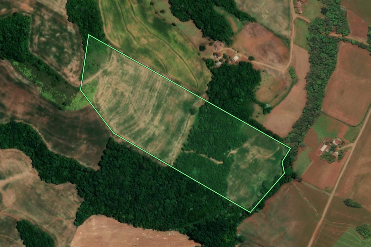 Imagem de satélite do imóvel rural em Crissiumal (RS), com o contorno declarado no CAR desenhado por cima.