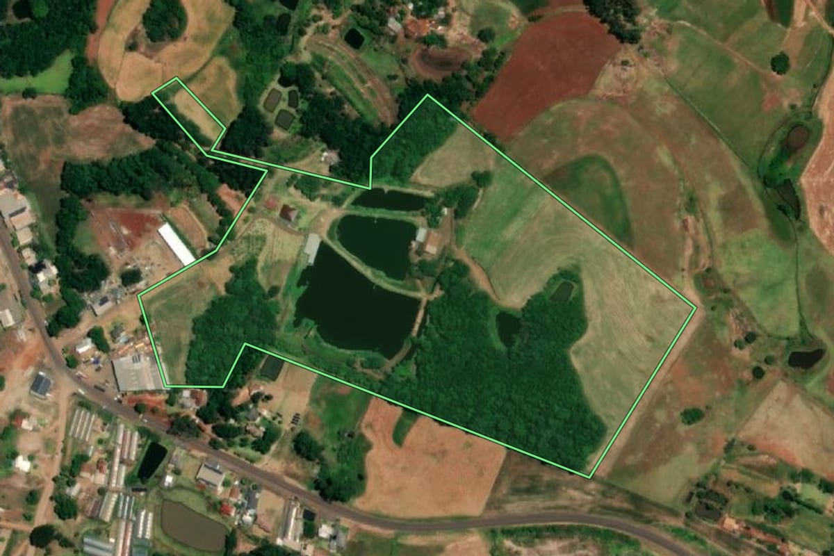Imagem de satélite do imóvel rural em Crissiumal (RS), com o contorno declarado no CAR desenhado por cima.