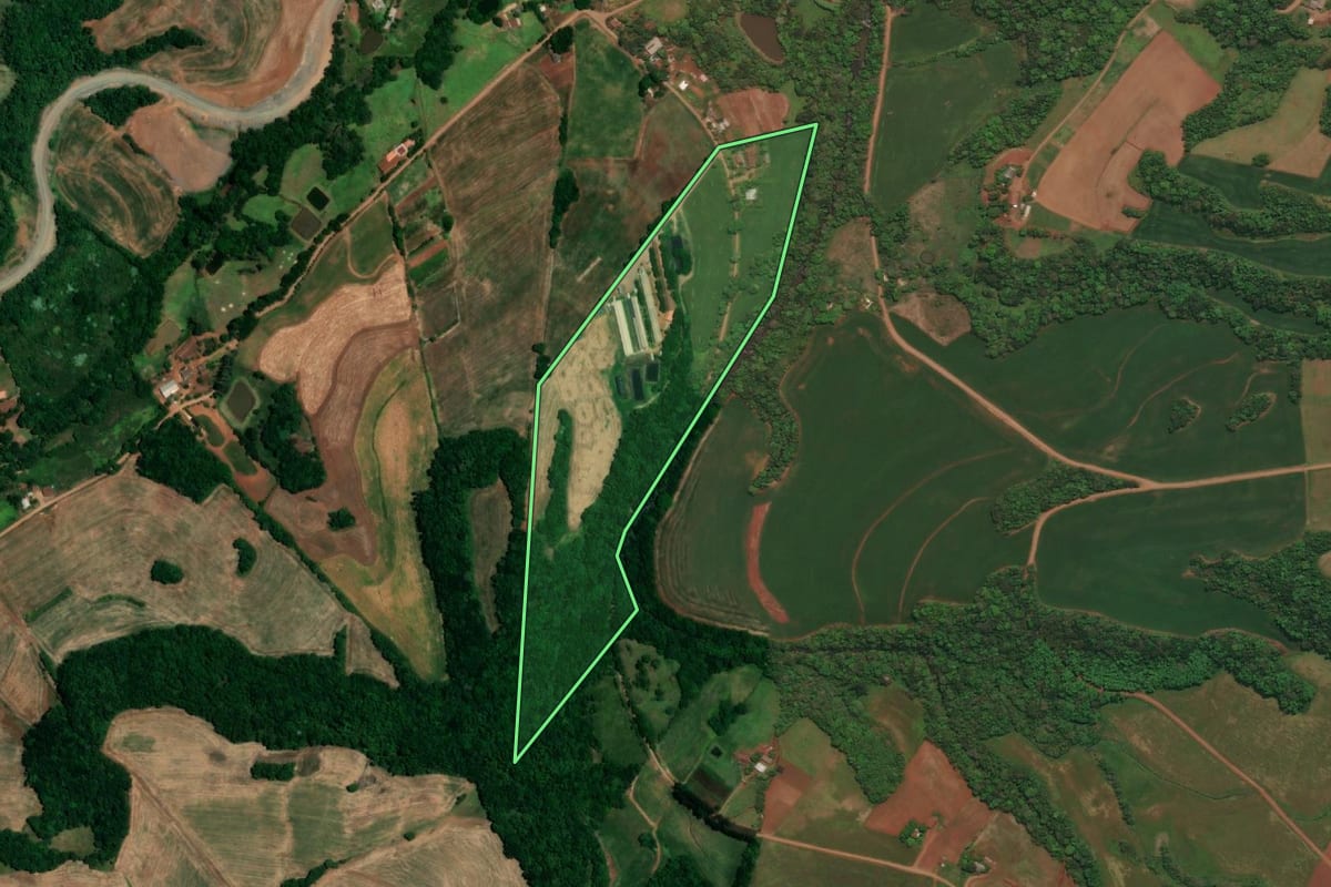 Imagem de satélite do imóvel rural em Crissiumal (RS), com o contorno declarado no CAR desenhado por cima.