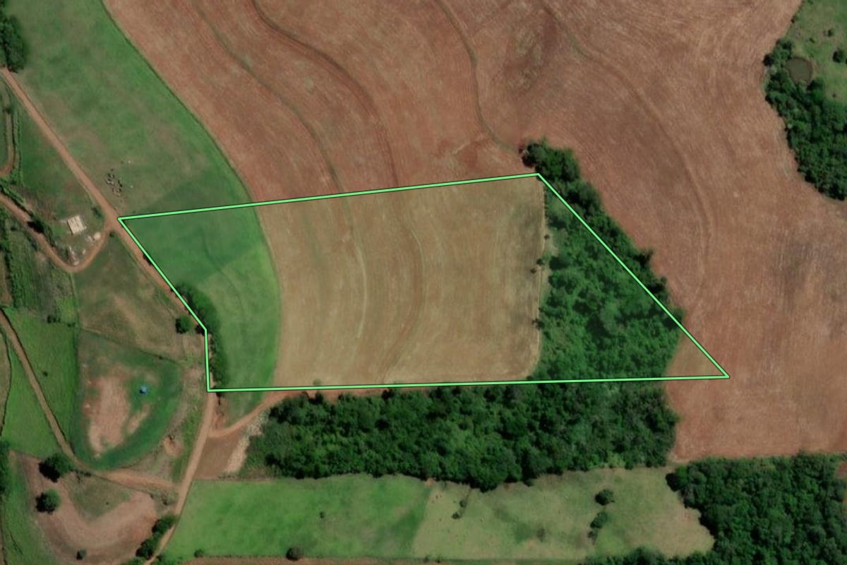 Imagem de satélite do imóvel rural em Crissiumal (RS), com o contorno declarado no CAR desenhado por cima.