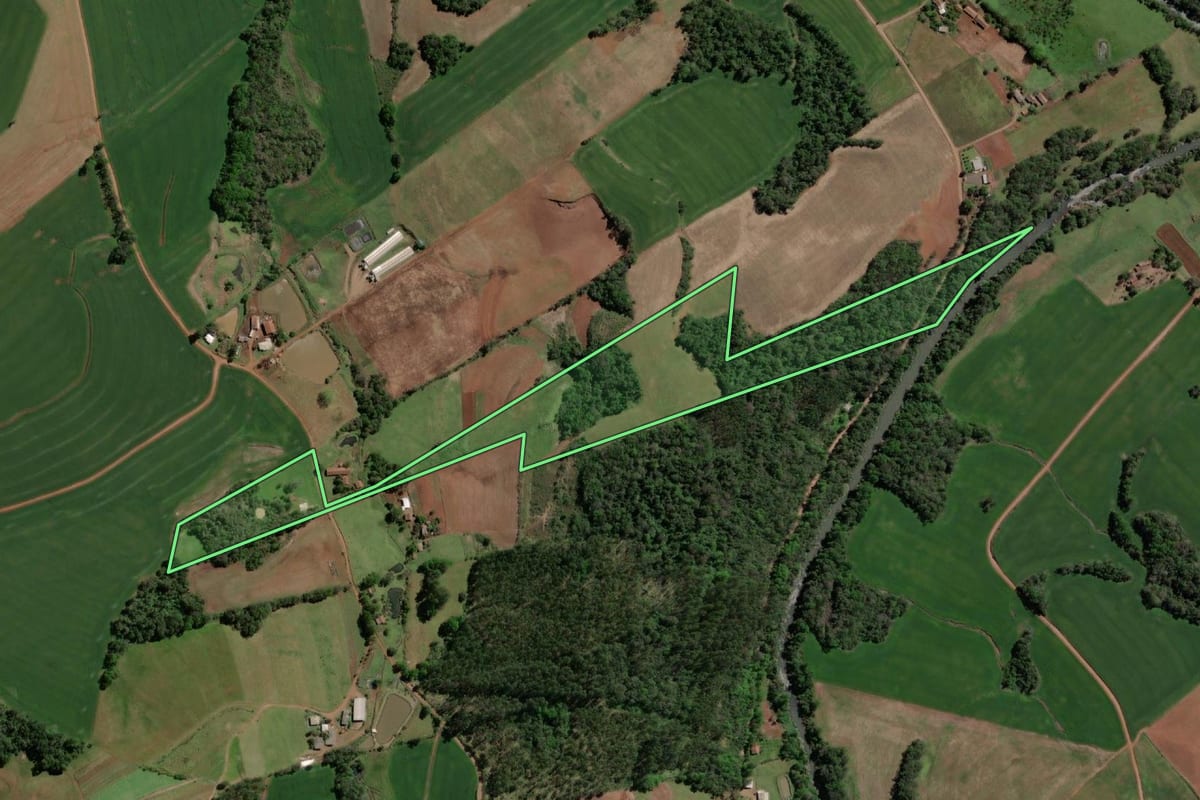 Imagem de satélite do imóvel rural em Crissiumal (RS), com o contorno declarado no CAR desenhado por cima.