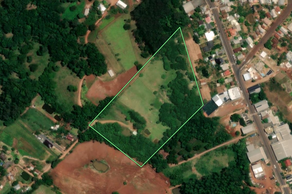 Imagem de satélite do imóvel rural em Crissiumal (RS), com o contorno declarado no CAR desenhado por cima.