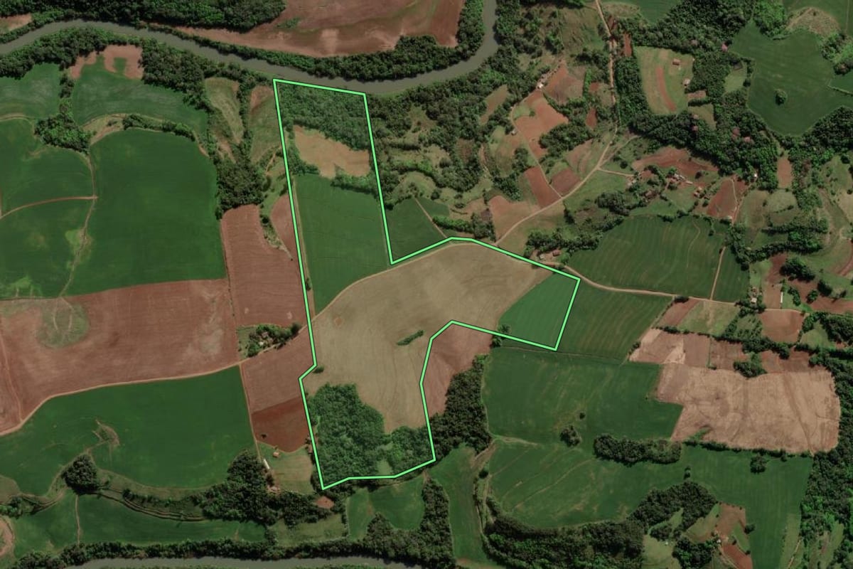Imagem de satélite do imóvel rural em Crissiumal (RS), com o contorno declarado no CAR desenhado por cima.
