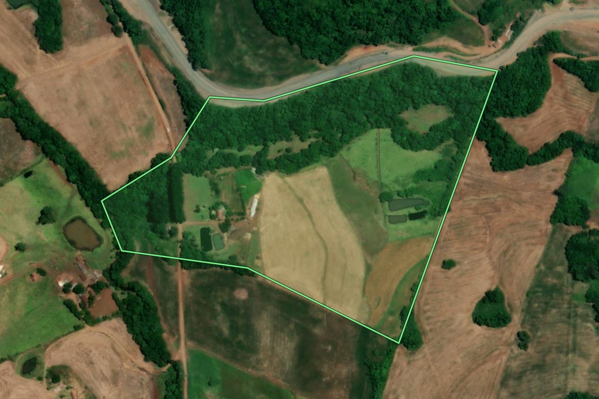 Imagem de satélite do imóvel rural em Crissiumal (RS), com o contorno declarado no CAR desenhado por cima.