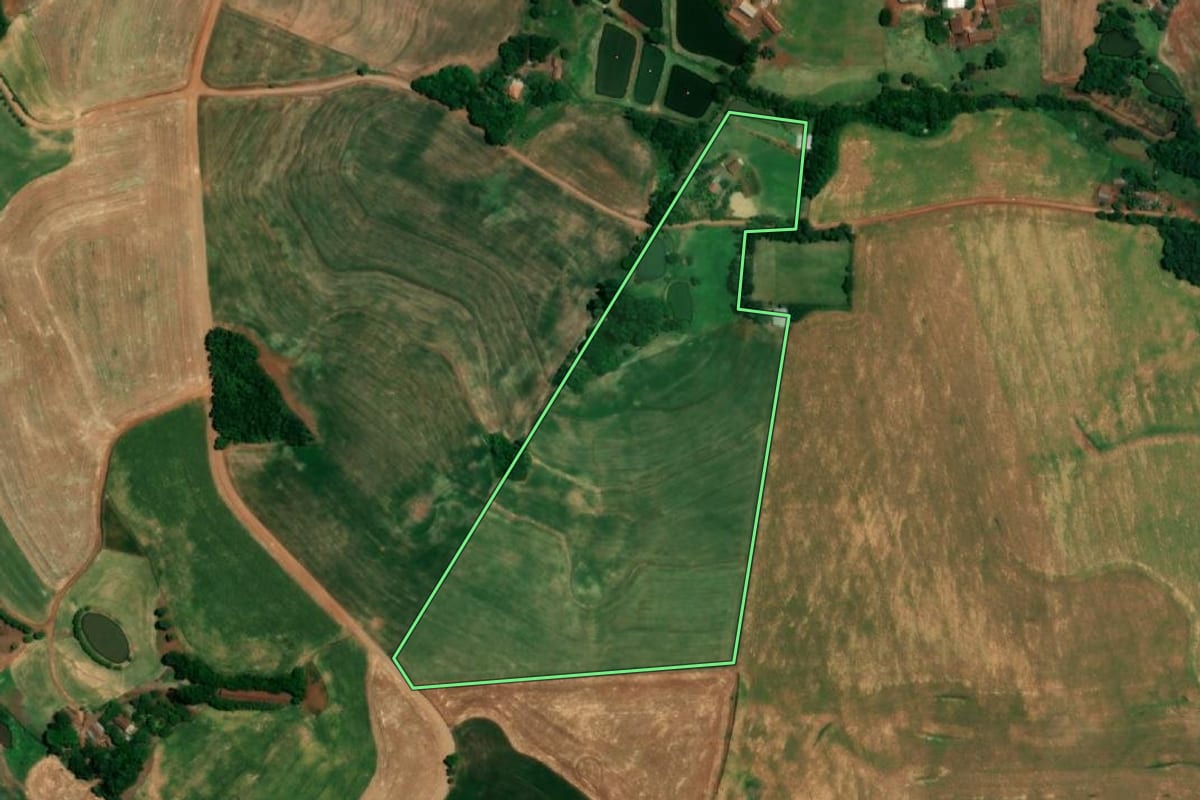 Imagem de satélite do imóvel rural em Crissiumal (RS), com o contorno declarado no CAR desenhado por cima.