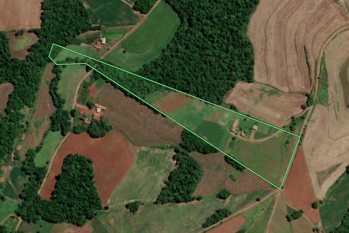 Imagem de satélite do imóvel rural em Crissiumal (RS), com o contorno declarado no CAR desenhado por cima.