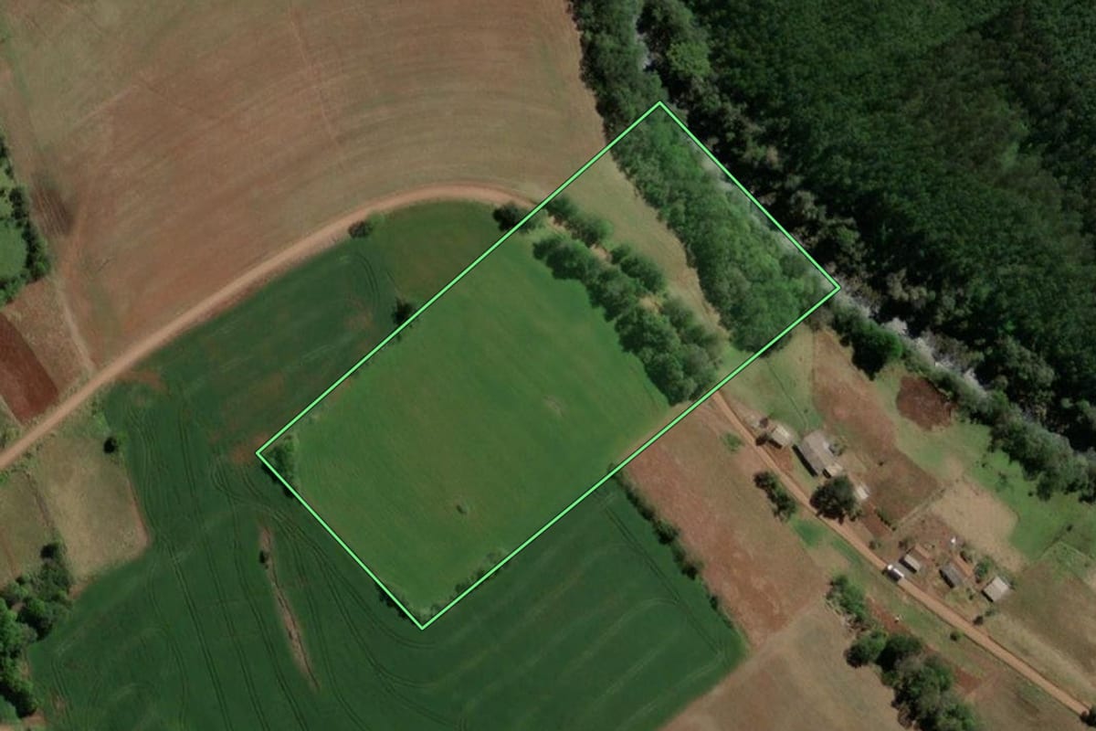 Imagem de satélite do imóvel rural em Crissiumal (RS), com o contorno declarado no CAR desenhado por cima.