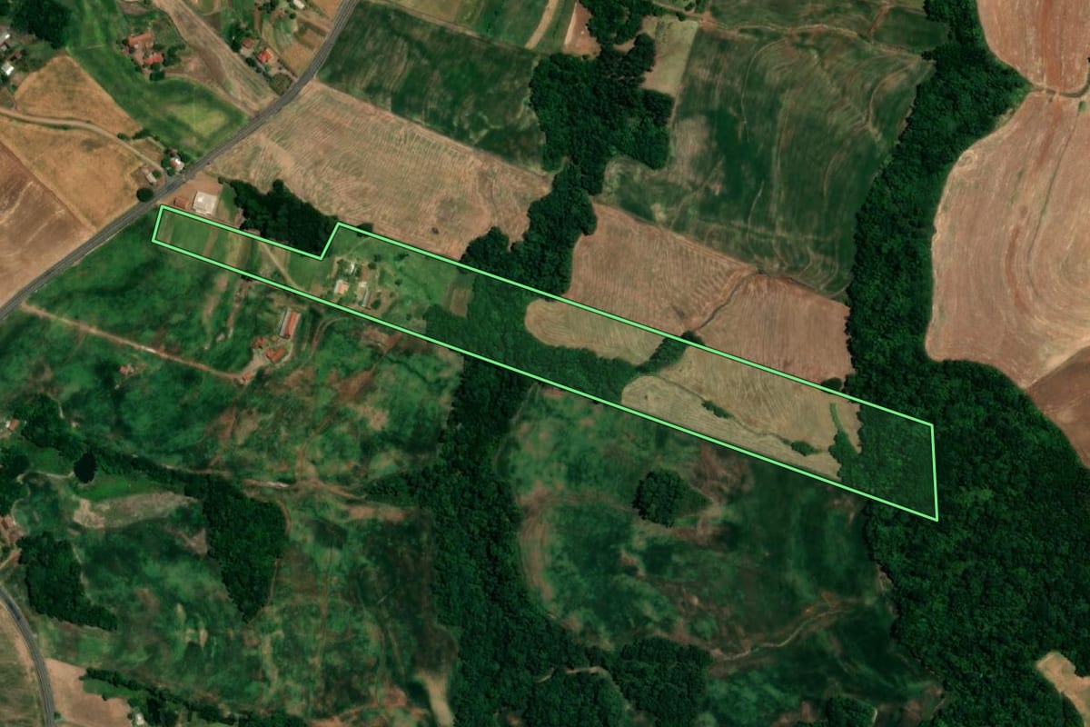 Imagem de satélite do imóvel rural em Crissiumal (RS), com o contorno declarado no CAR desenhado por cima.