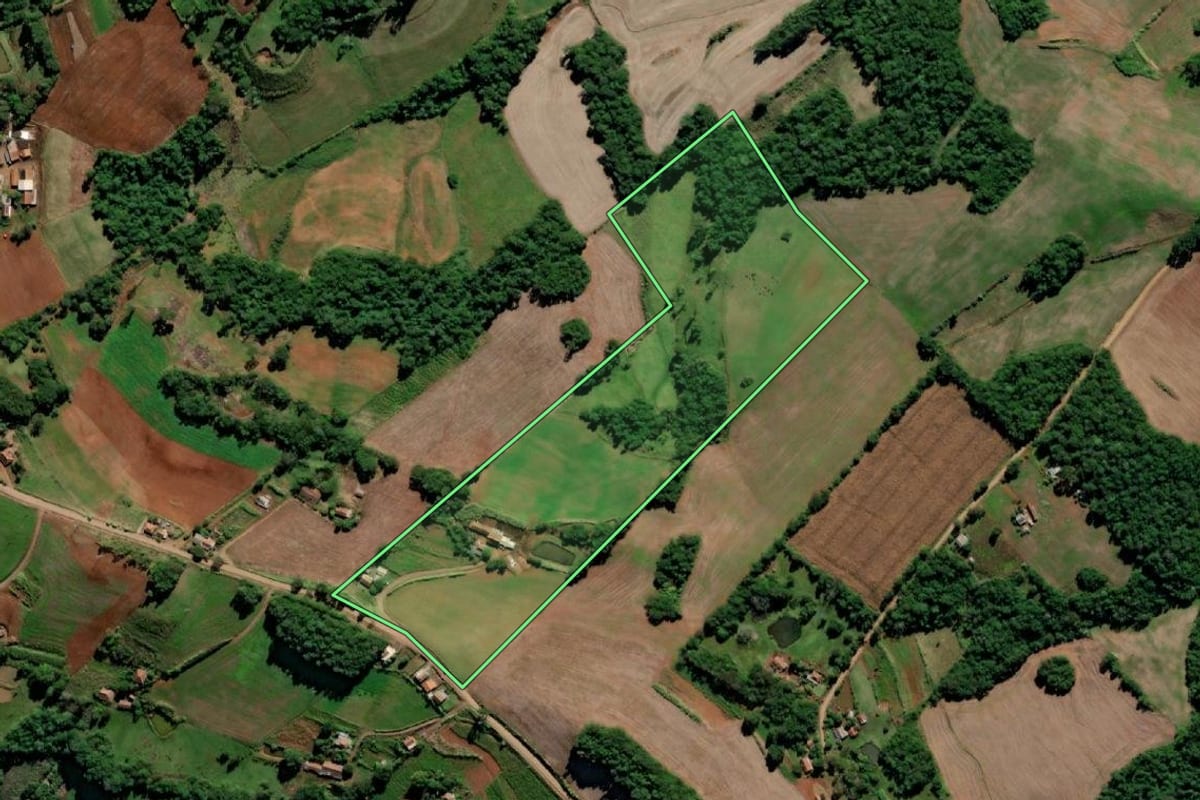 Imagem de satélite do imóvel rural em Crissiumal (RS), com o contorno declarado no CAR desenhado por cima.