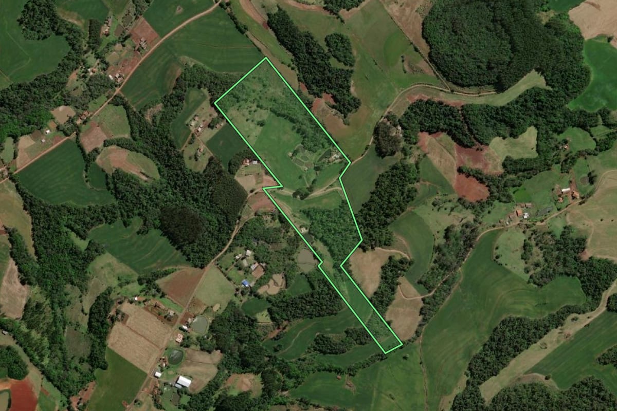 Imagem de satélite do imóvel rural em Crissiumal (RS), com o contorno declarado no CAR desenhado por cima.