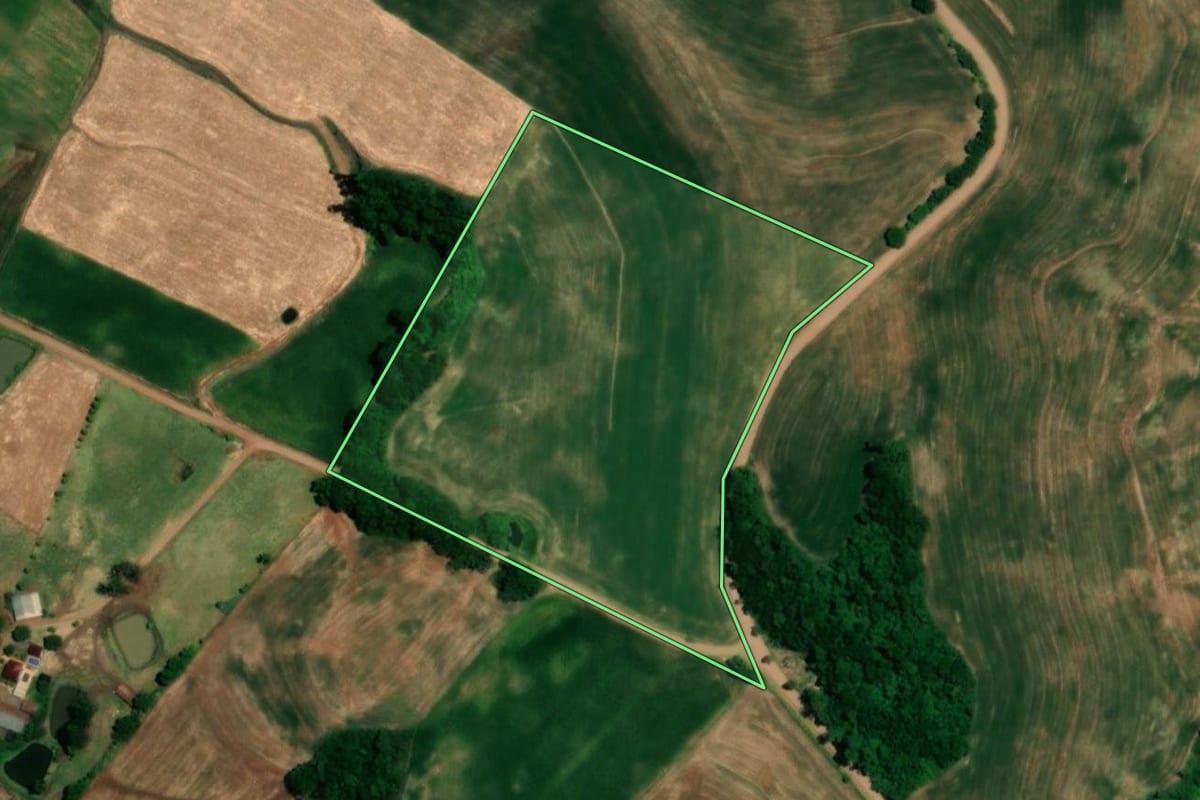 Imagem de satélite do imóvel rural em Crissiumal (RS), com o contorno declarado no CAR desenhado por cima.