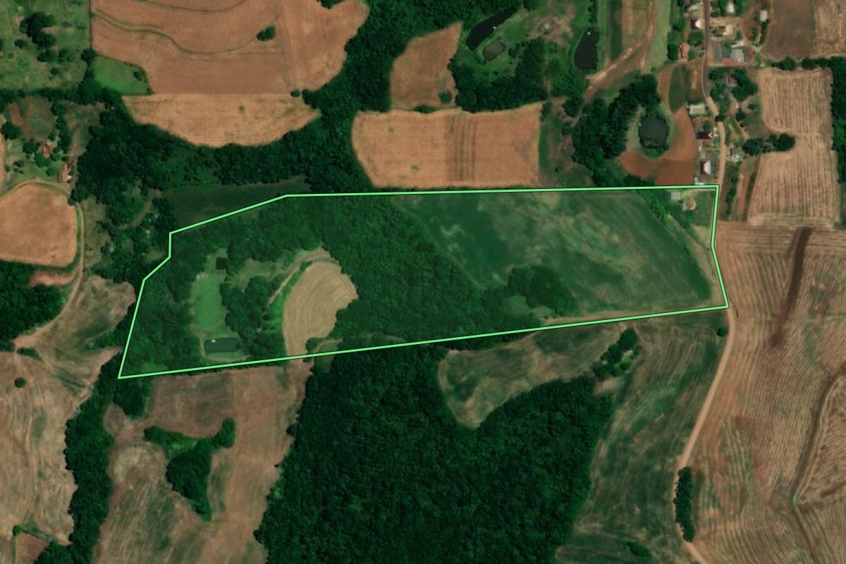 Imagem de satélite do imóvel rural em Crissiumal (RS), com o contorno declarado no CAR desenhado por cima.