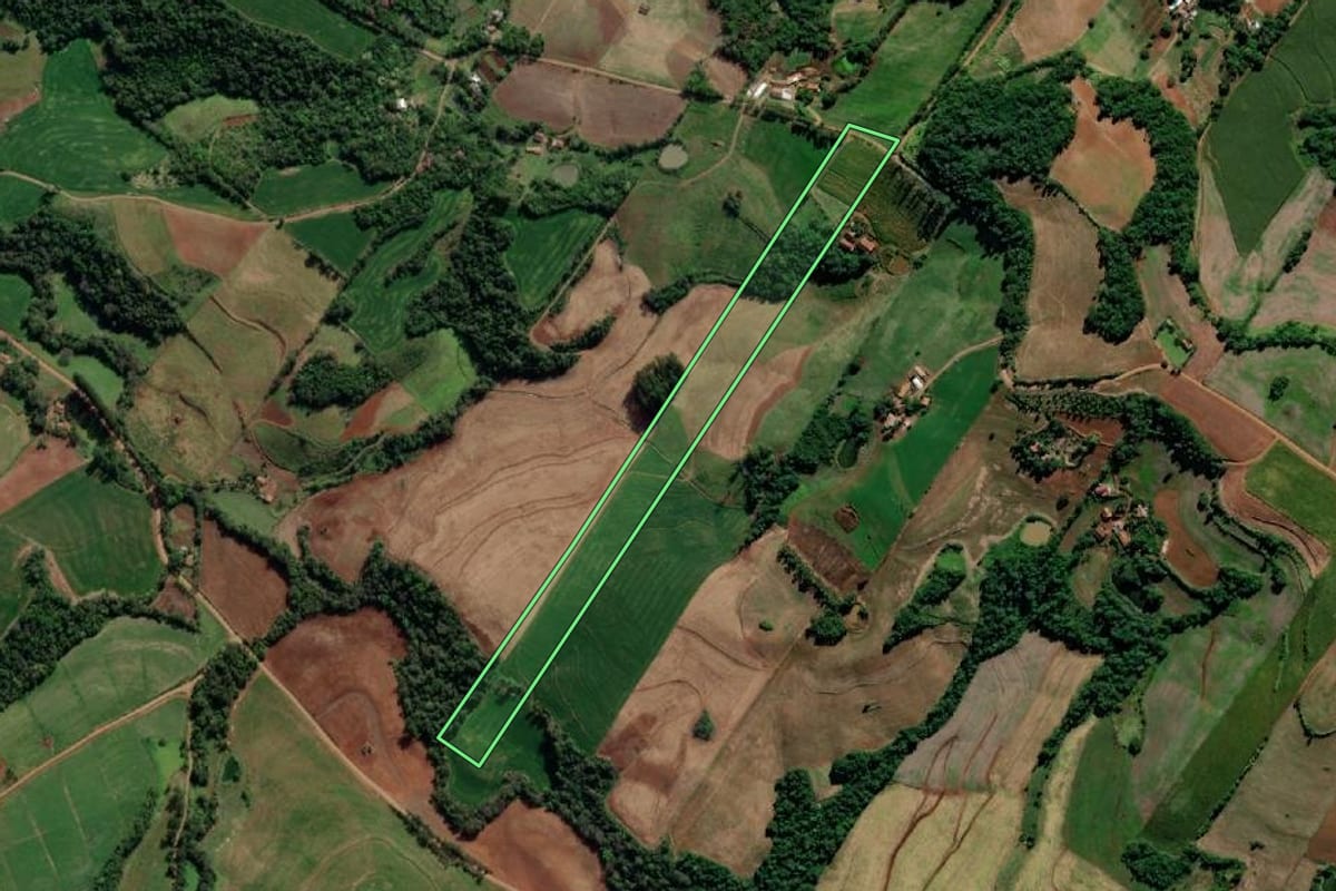 Imagem de satélite do imóvel rural em Crissiumal (RS), com o contorno declarado no CAR desenhado por cima.