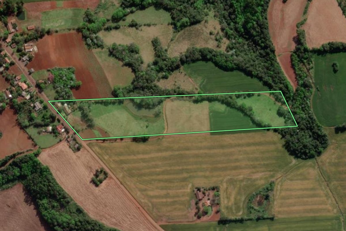 Imagem de satélite do imóvel rural em Crissiumal (RS), com o contorno declarado no CAR desenhado por cima.