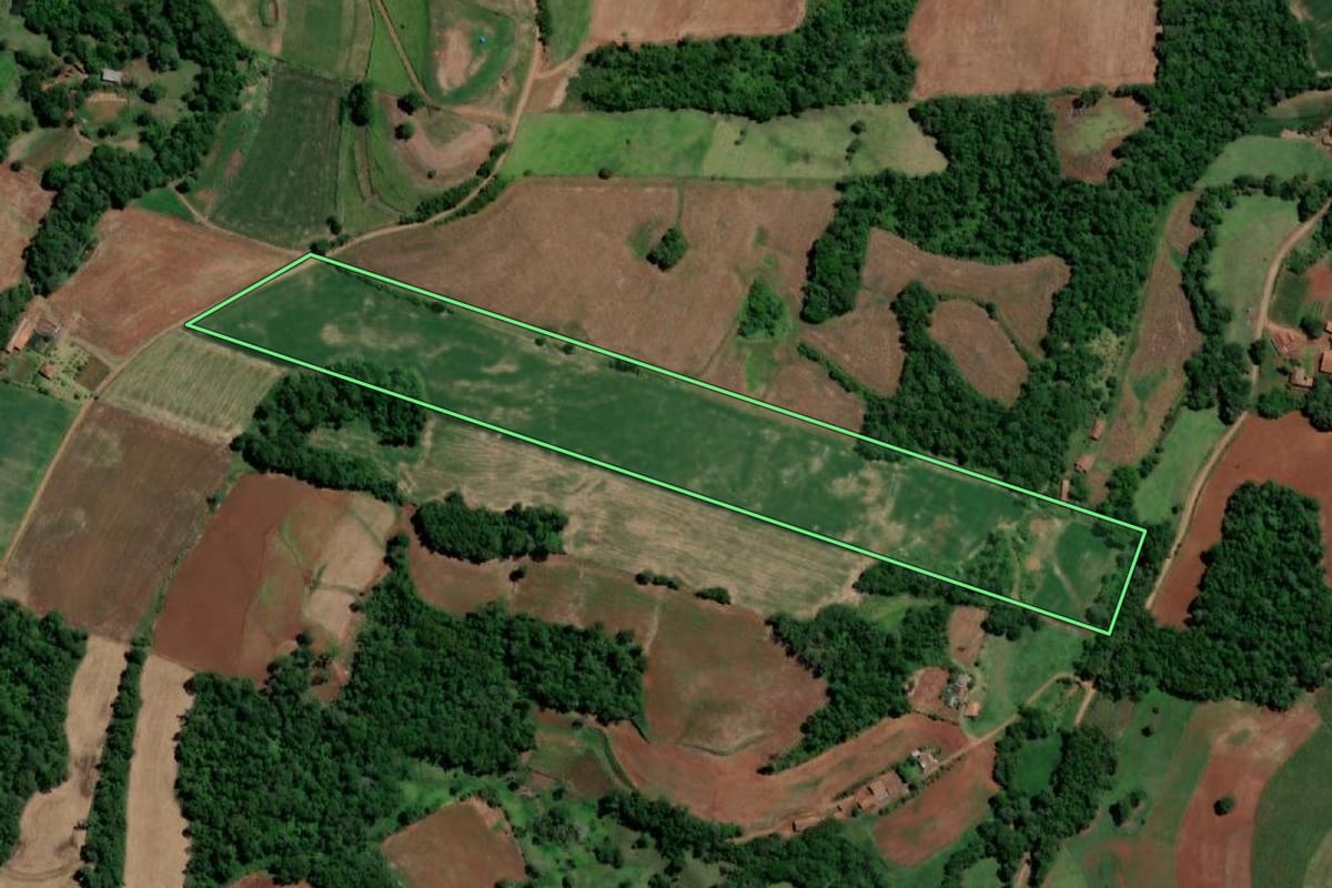 Imagem de satélite do imóvel rural em Crissiumal (RS), com o contorno declarado no CAR desenhado por cima.
