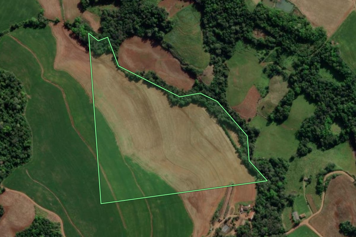 Imagem de satélite do imóvel rural em Crissiumal (RS), com o contorno declarado no CAR desenhado por cima.