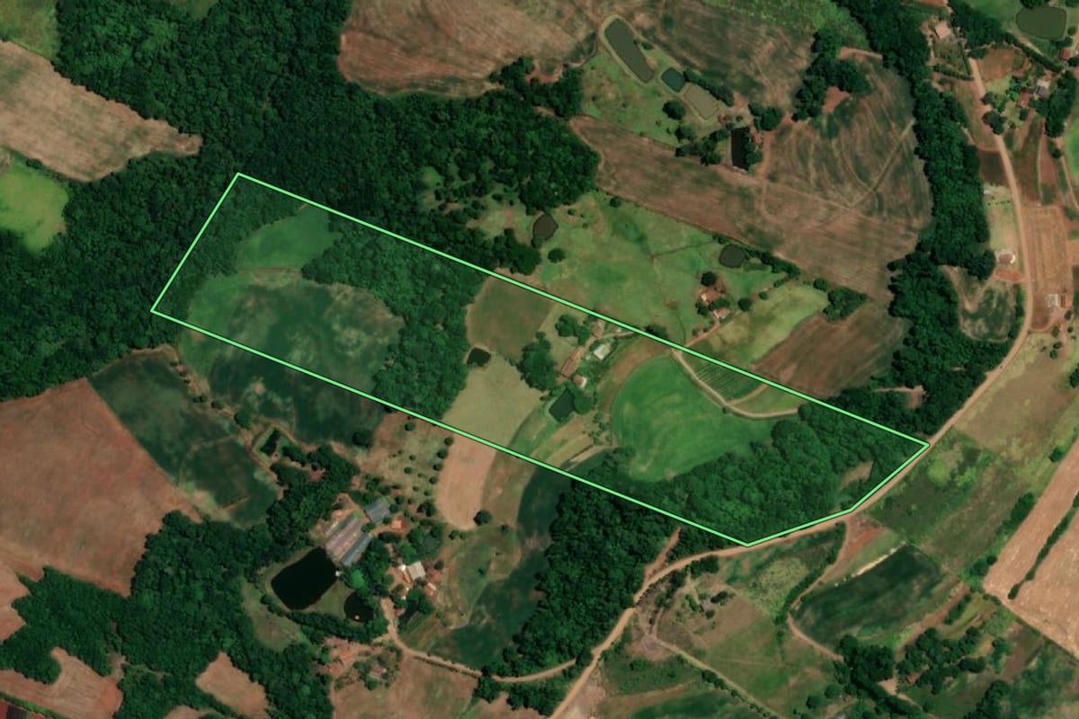 Imagem de satélite do imóvel rural em Crissiumal (RS), com o contorno declarado no CAR desenhado por cima.