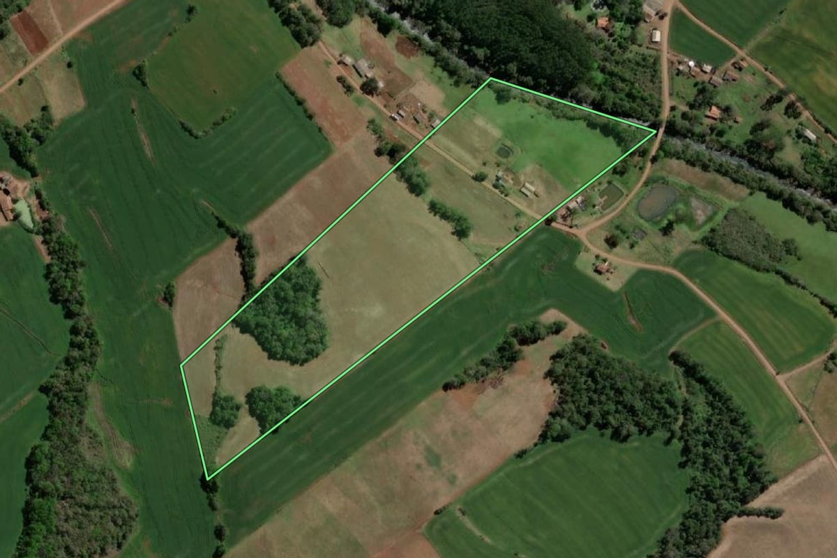 Imagem de satélite do imóvel rural em Crissiumal (RS), com o contorno declarado no CAR desenhado por cima.