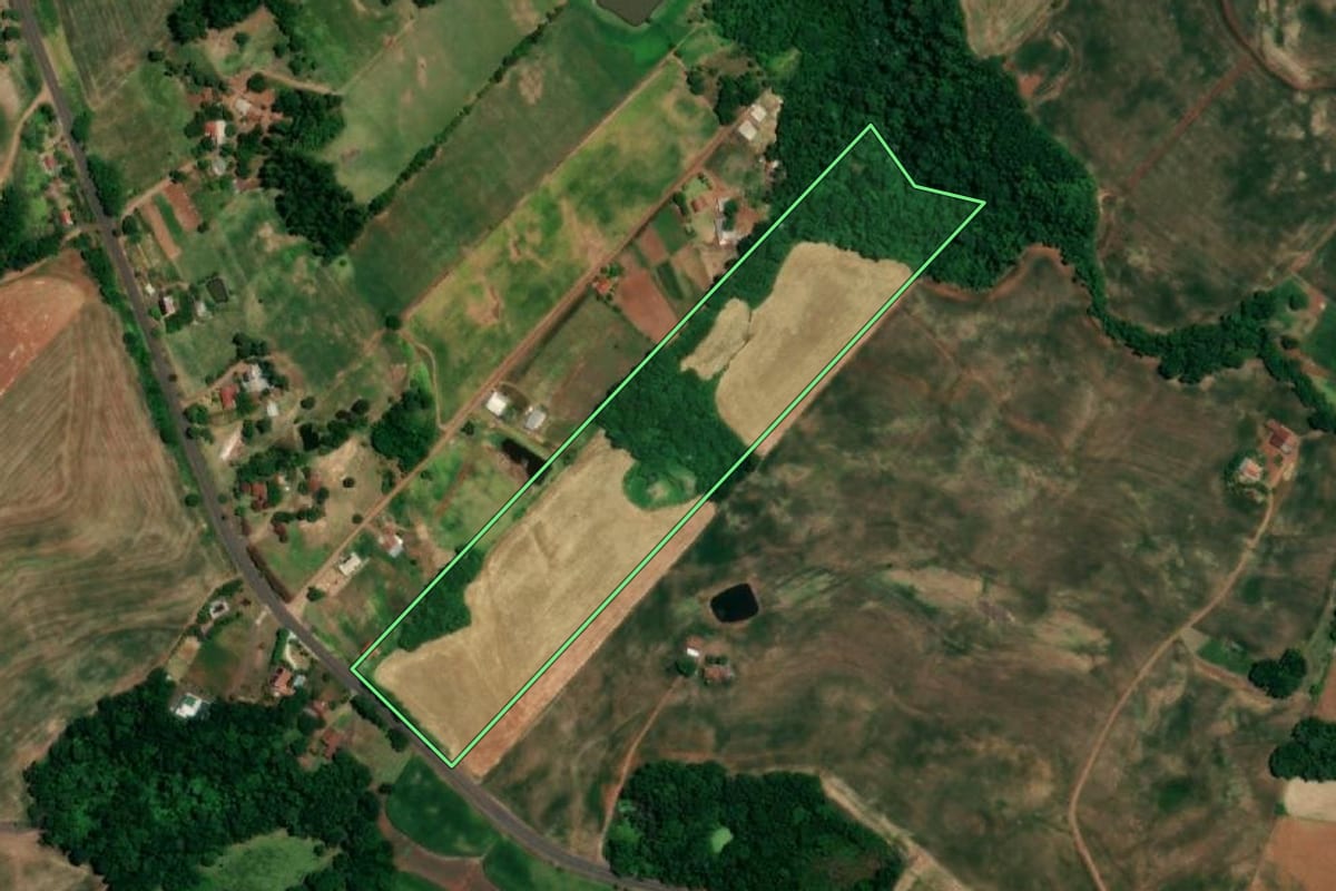 Imagem de satélite do imóvel rural em Crissiumal (RS), com o contorno declarado no CAR desenhado por cima.