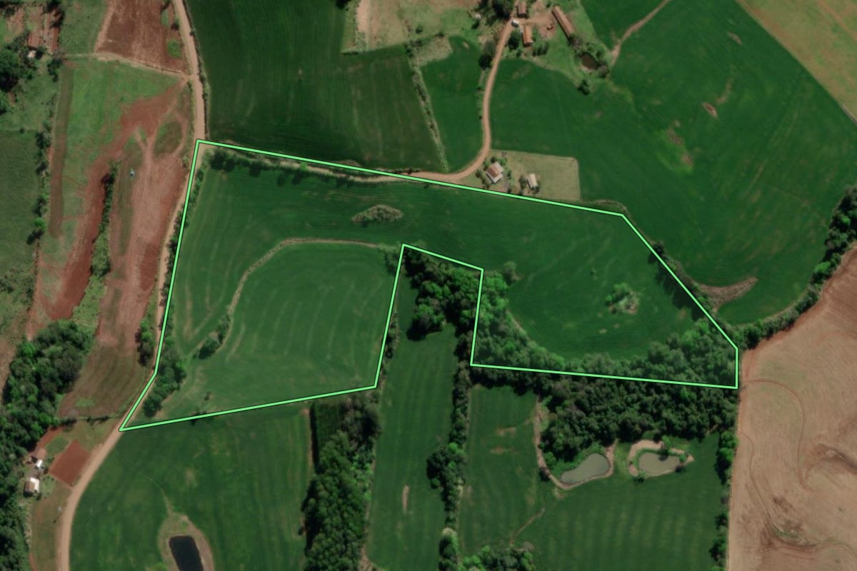 Imagem de satélite do imóvel rural em Crissiumal (RS), com o contorno declarado no CAR desenhado por cima.