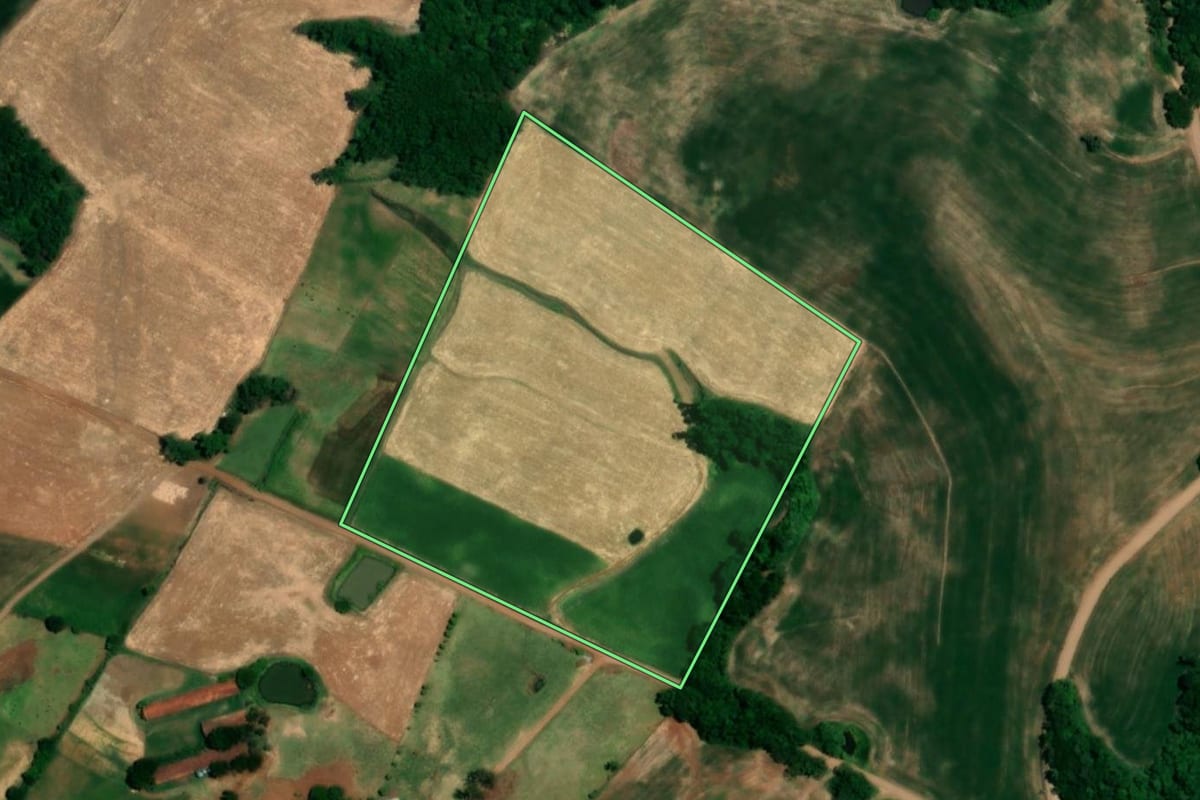 Imagem de satélite do imóvel rural em Crissiumal (RS), com o contorno declarado no CAR desenhado por cima.
