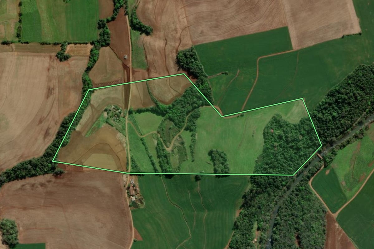 Imagem de satélite do imóvel rural em Crissiumal (RS), com o contorno declarado no CAR desenhado por cima.