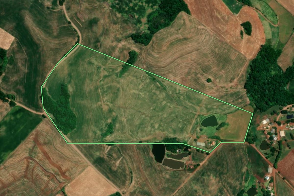 Imagem de satélite do imóvel rural em Crissiumal (RS), com o contorno declarado no CAR desenhado por cima.