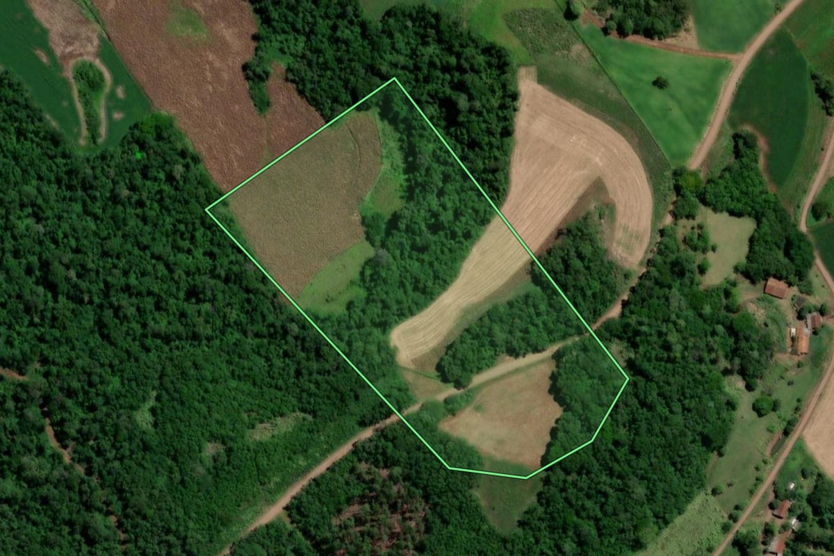 Imagem de satélite do imóvel rural em Crissiumal (RS), com o contorno declarado no CAR desenhado por cima.