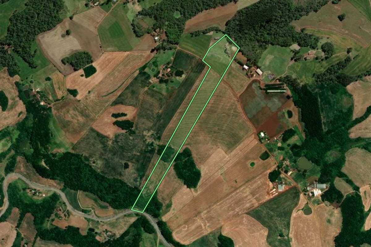Imagem de satélite do imóvel rural em Crissiumal (RS), com o contorno declarado no CAR desenhado por cima.