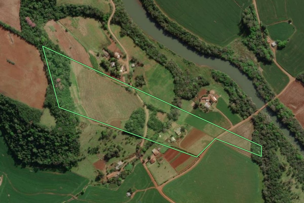 Imagem de satélite do imóvel rural em Crissiumal (RS), com o contorno declarado no CAR desenhado por cima.