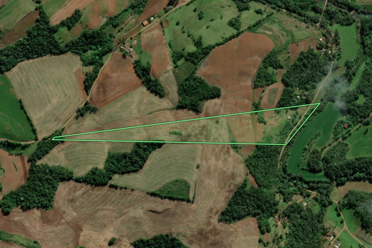 Imagem de satélite do imóvel rural em Crissiumal (RS), com o contorno declarado no CAR desenhado por cima.