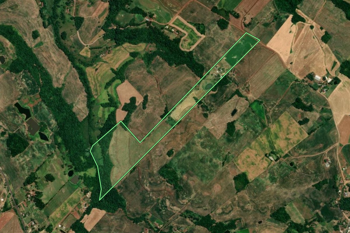 Imagem de satélite do imóvel rural em Crissiumal (RS), com o contorno declarado no CAR desenhado por cima.