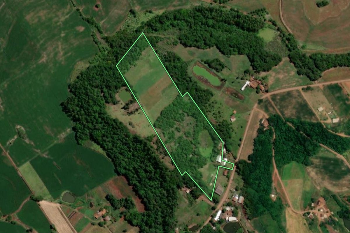 Imagem de satélite do imóvel rural em Crissiumal (RS), com o contorno declarado no CAR desenhado por cima.
