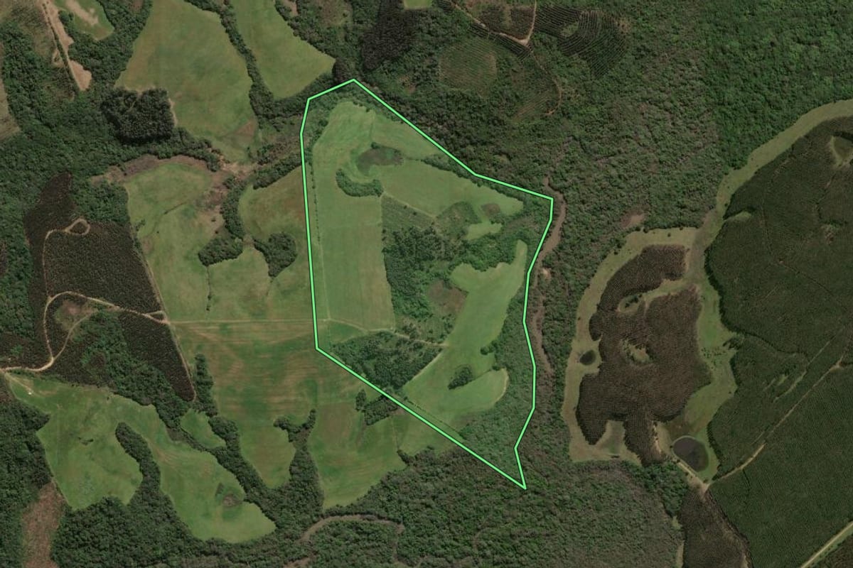 Imagem de satélite do imóvel rural em Cristal (RS), com o contorno declarado no CAR desenhado por cima.