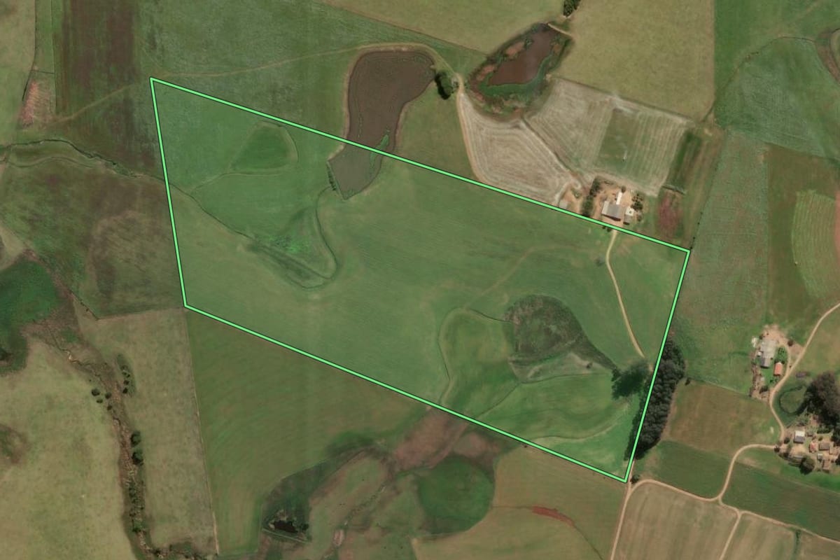 Imagem de satélite do imóvel rural em Cristal (RS), com o contorno declarado no CAR desenhado por cima.