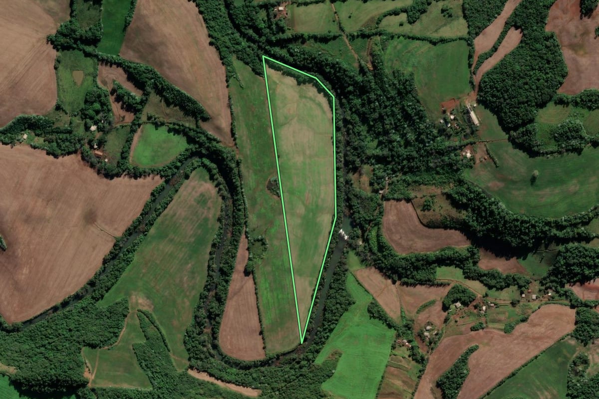 Imagem de satélite do imóvel rural em Cristal do Sul (RS), com o contorno declarado no CAR desenhado por cima.