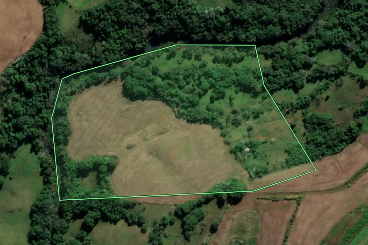 Imagem de satélite do imóvel rural em Cristal do Sul (RS), com o contorno declarado no CAR desenhado por cima.