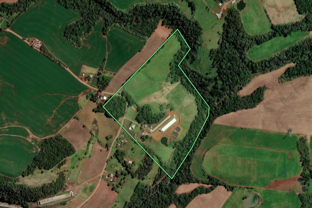 Imagem de satélite do imóvel rural em Cristal do Sul (RS), com o contorno declarado no CAR desenhado por cima.