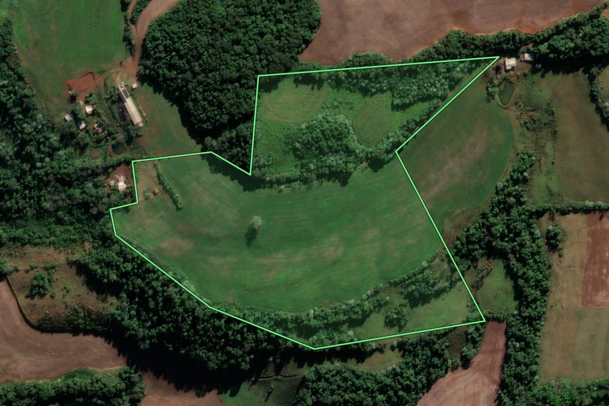 Imagem de satélite do imóvel rural em Cristal do Sul (RS), com o contorno declarado no CAR desenhado por cima.