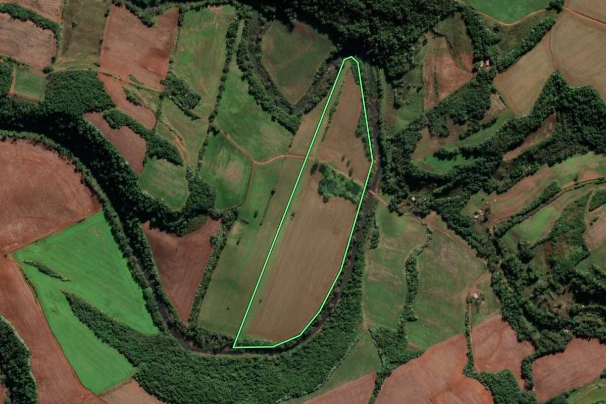 Imagem de satélite do imóvel rural em Cristal do Sul (RS), com o contorno declarado no CAR desenhado por cima.