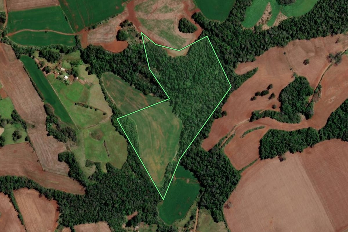 Imagem de satélite do imóvel rural em Cristal do Sul (RS), com o contorno declarado no CAR desenhado por cima.