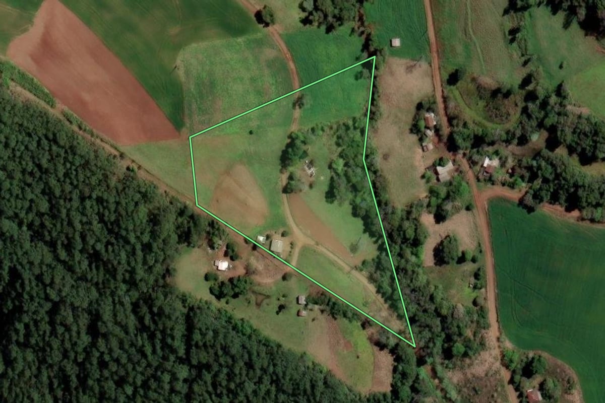 Imagem de satélite do imóvel rural em Cristal do Sul (RS), com o contorno declarado no CAR desenhado por cima.