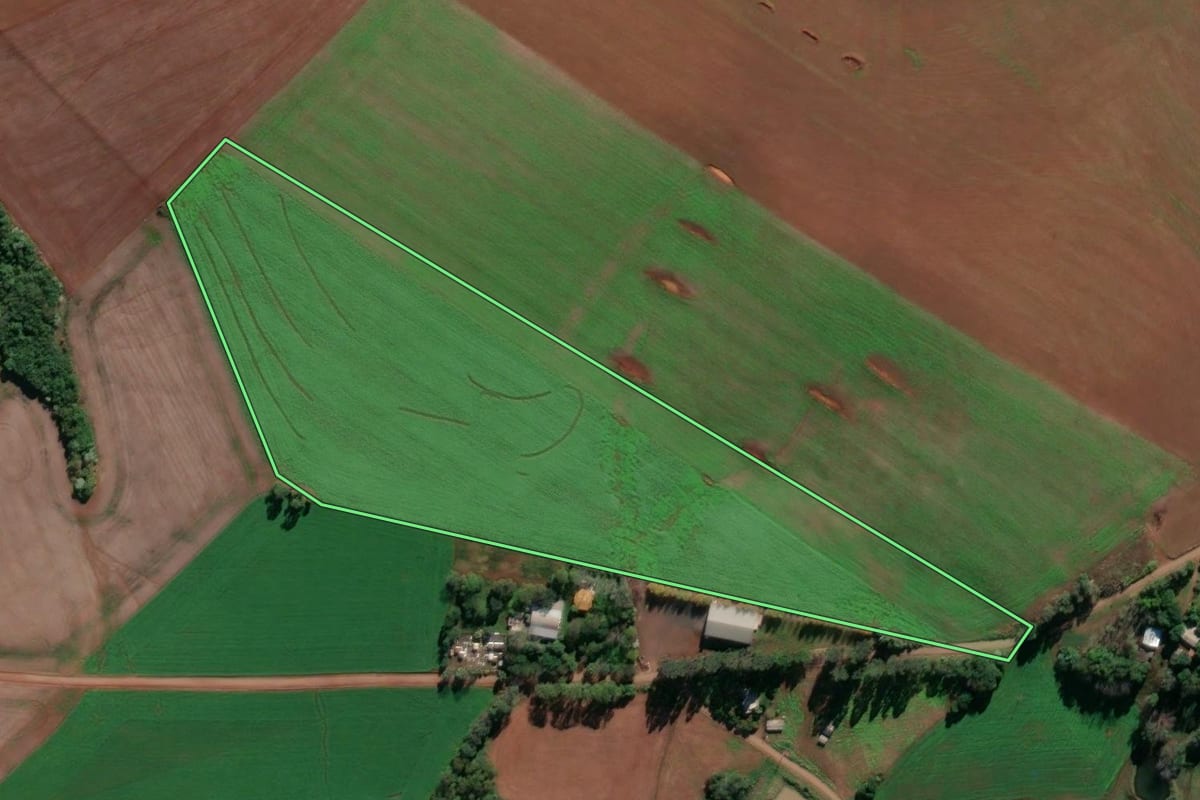 Imagem de satélite do imóvel rural em Cristal do Sul (RS), com o contorno declarado no CAR desenhado por cima.
