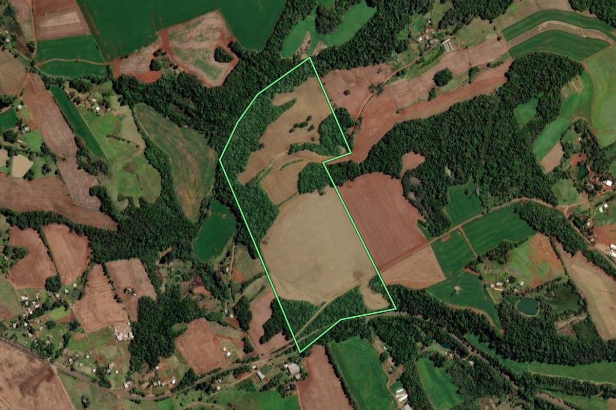 Imagem de satélite do imóvel rural em Cristal do Sul (RS), com o contorno declarado no CAR desenhado por cima.