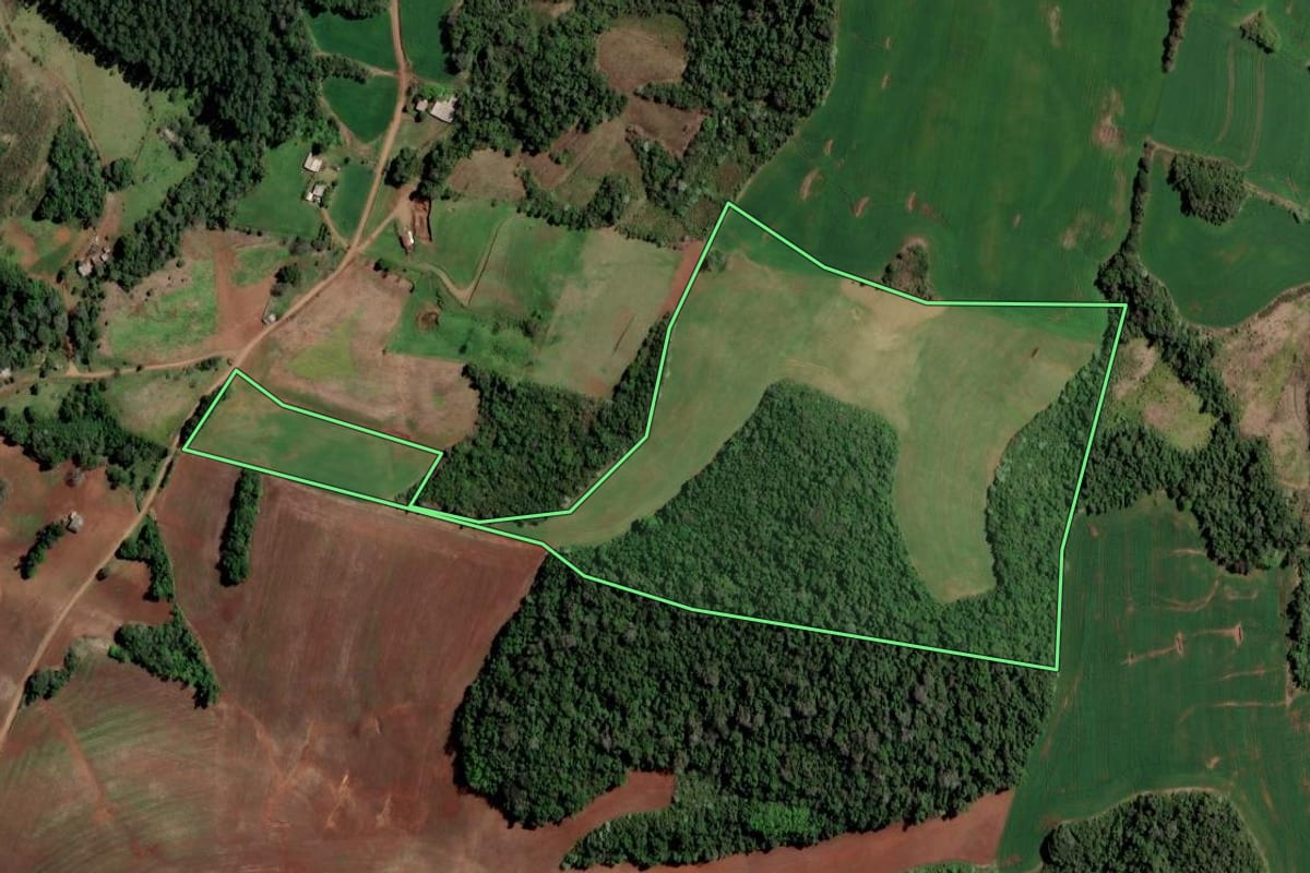 Imagem de satélite do imóvel rural em Cristal do Sul (RS), com o contorno declarado no CAR desenhado por cima.