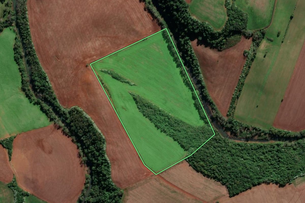 Imagem de satélite do imóvel rural em Cristal do Sul (RS), com o contorno declarado no CAR desenhado por cima.