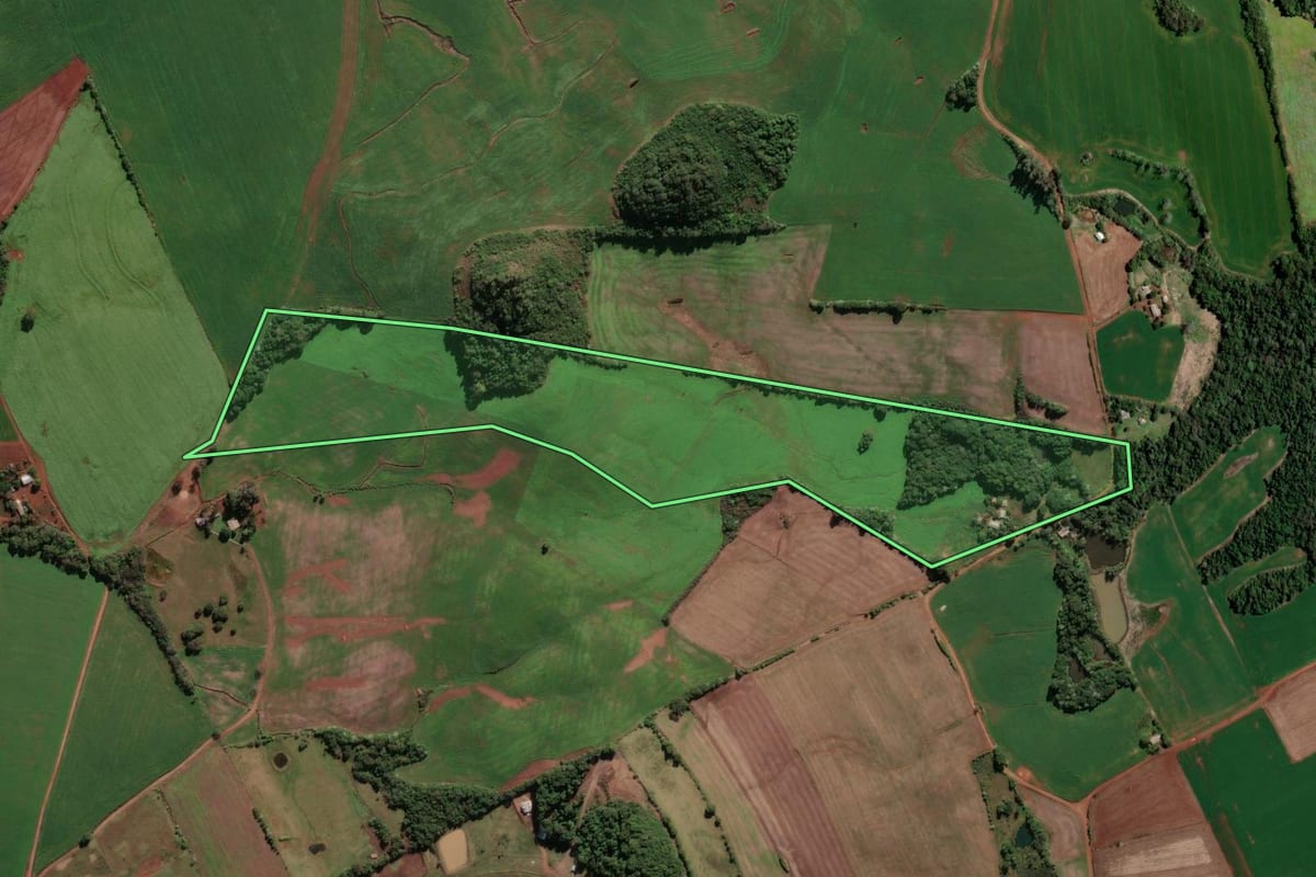 Imagem de satélite do imóvel rural em Cristal do Sul (RS), com o contorno declarado no CAR desenhado por cima.