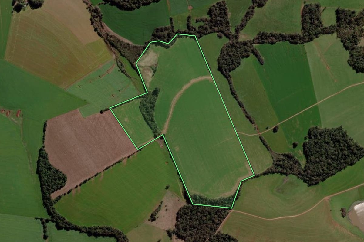 Imagem de satélite do imóvel rural em Cruz Alta (RS), com o contorno declarado no CAR desenhado por cima.