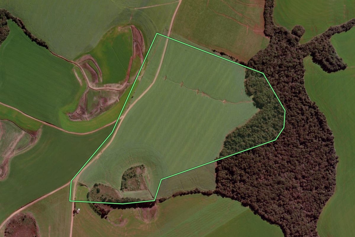 Imagem de satélite do imóvel rural em Cruz Alta (RS), com o contorno declarado no CAR desenhado por cima.